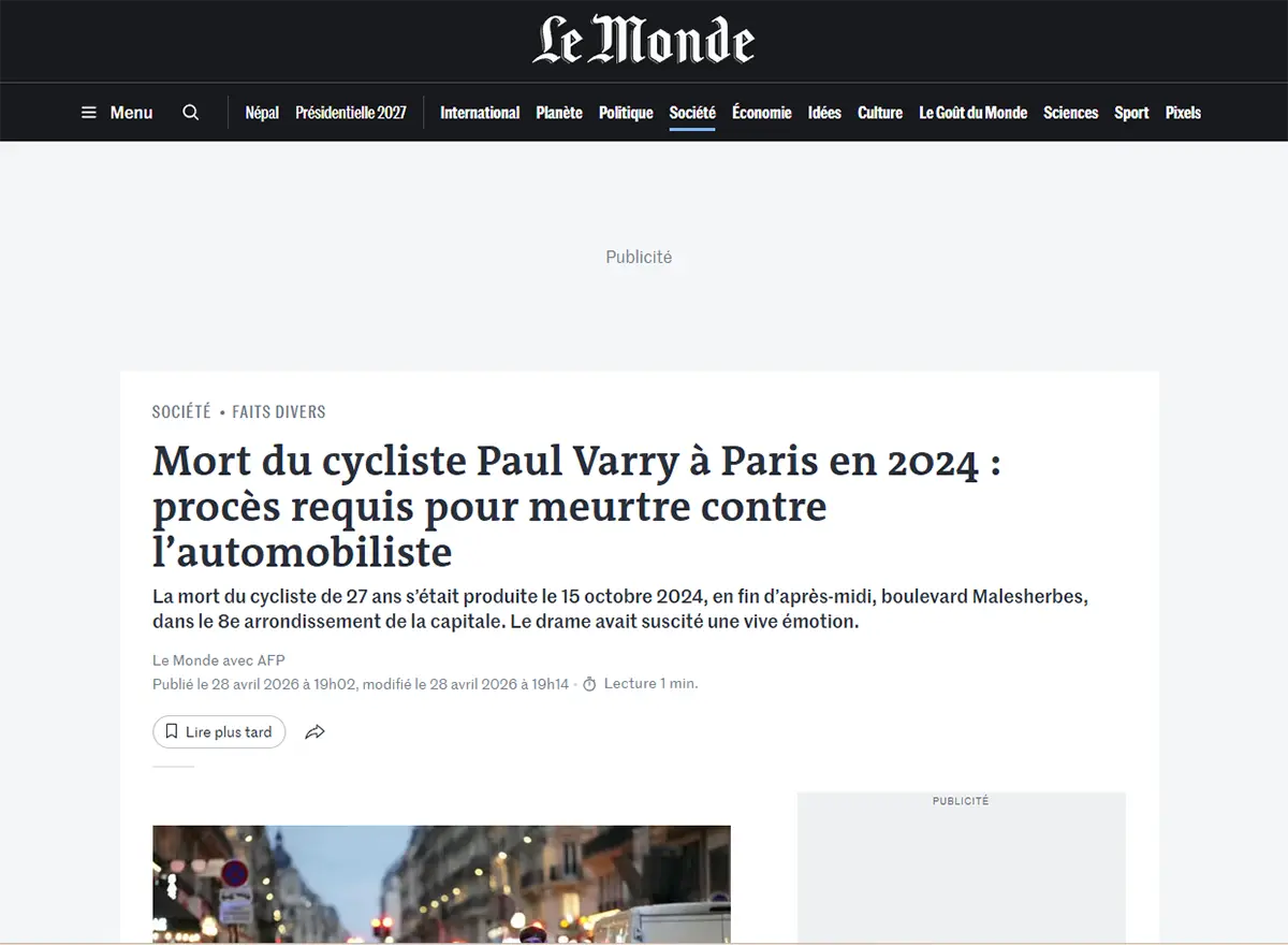 Mort du cycliste Paul Varry à Paris en 2024 - procès requis pour meurtre contre l’automobiliste